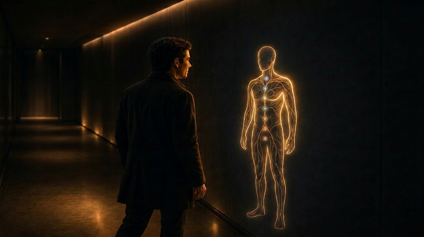 A figure in a corridor with their digital twin, their own outline in light, leading them in